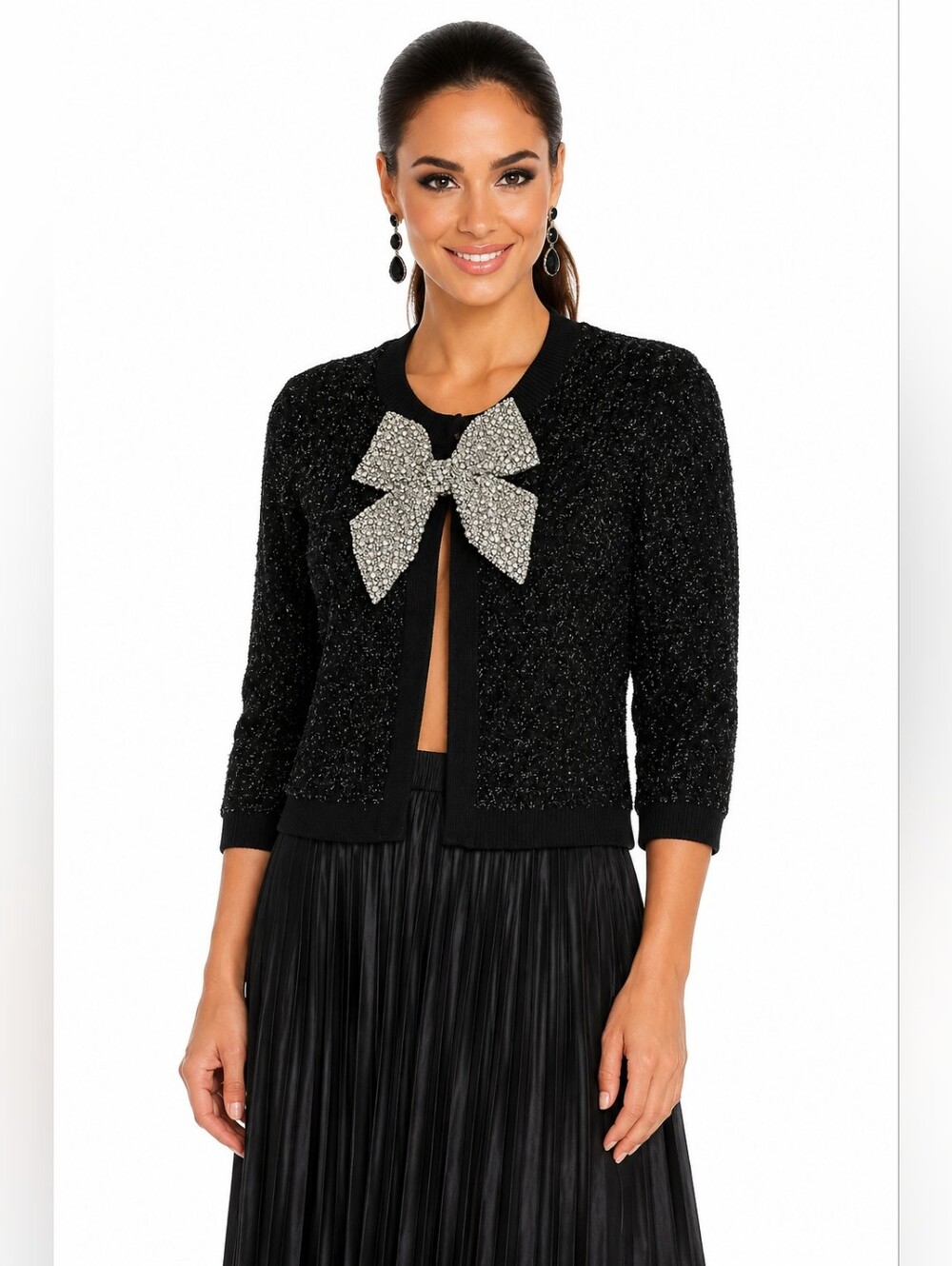 Alice + Olivia Akira Crystal Bow Metallic Cardigan Black Size L NWT $550